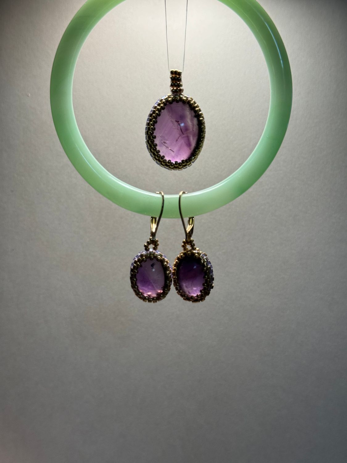 Bezeled Amethyst Leverback Earrings, Pendant