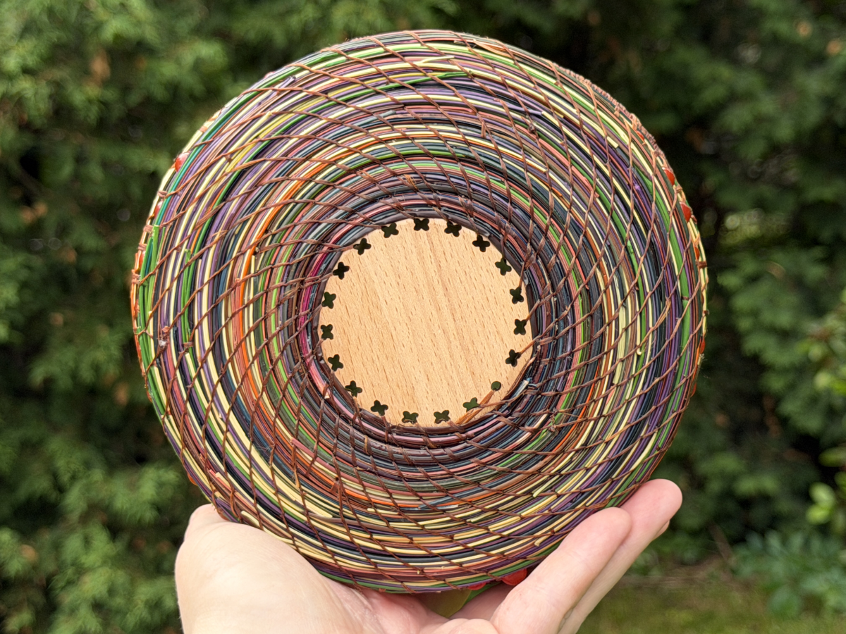 Green Rimmed Red Beaded Pine Needle Basket