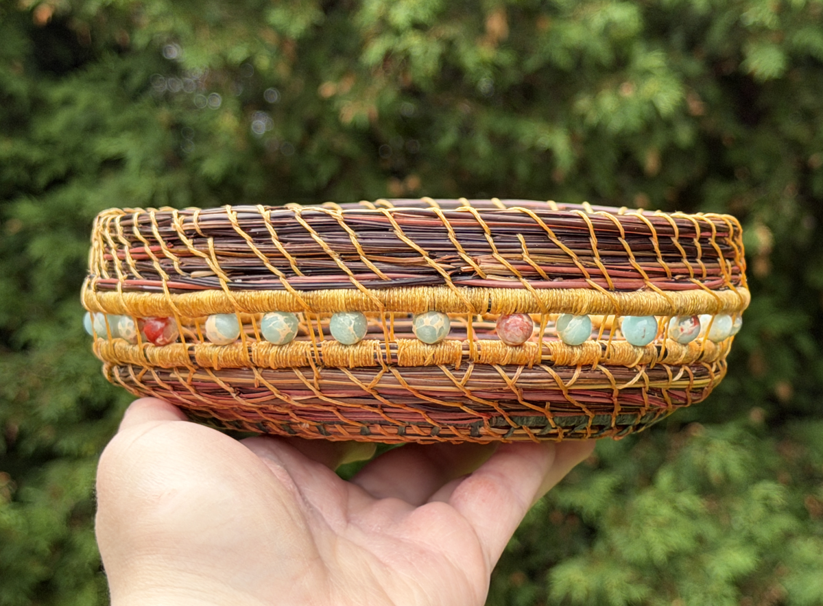 Floral Beaded Pine Needle Basket