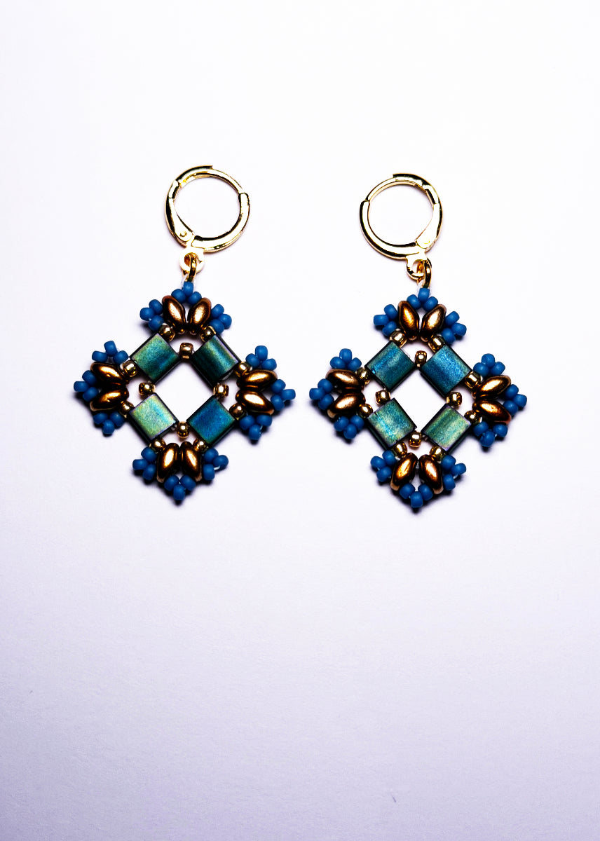 Blue Geometric Floral Leverback Earring