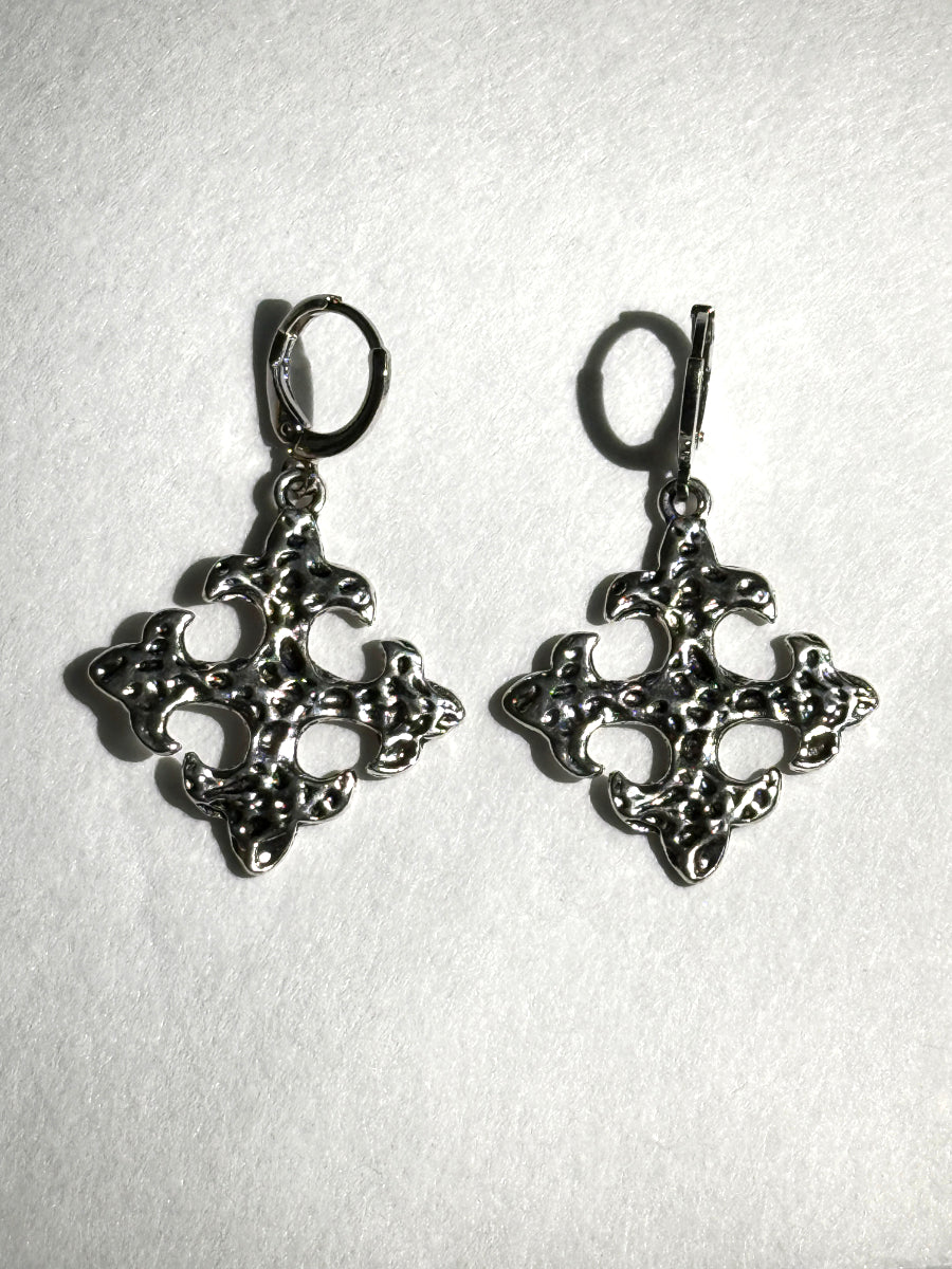 Hammered Pewter Fleur-de-lis Cross Leverback Earring