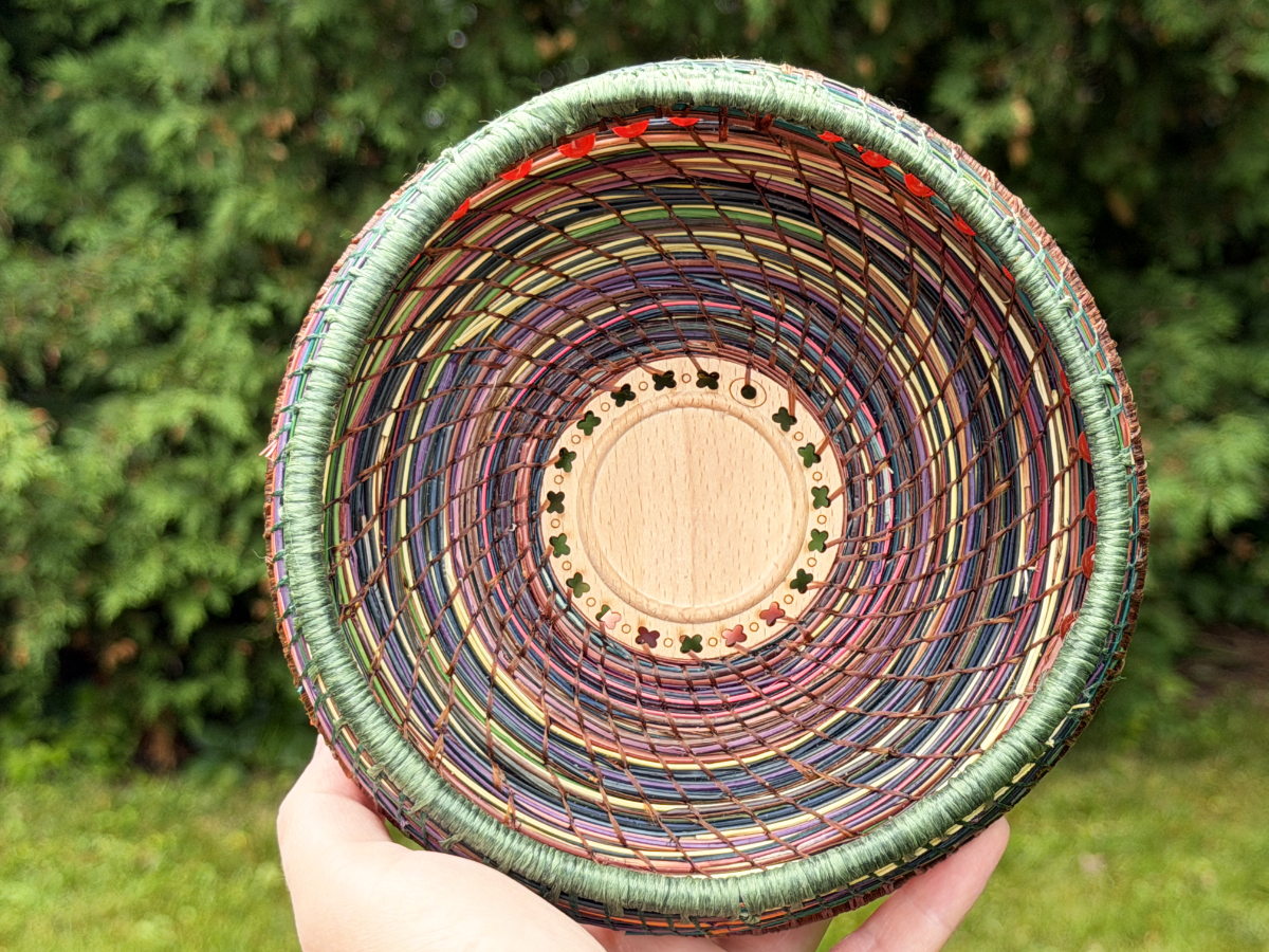 Green Rimmed Red Beaded Pine Needle Basket