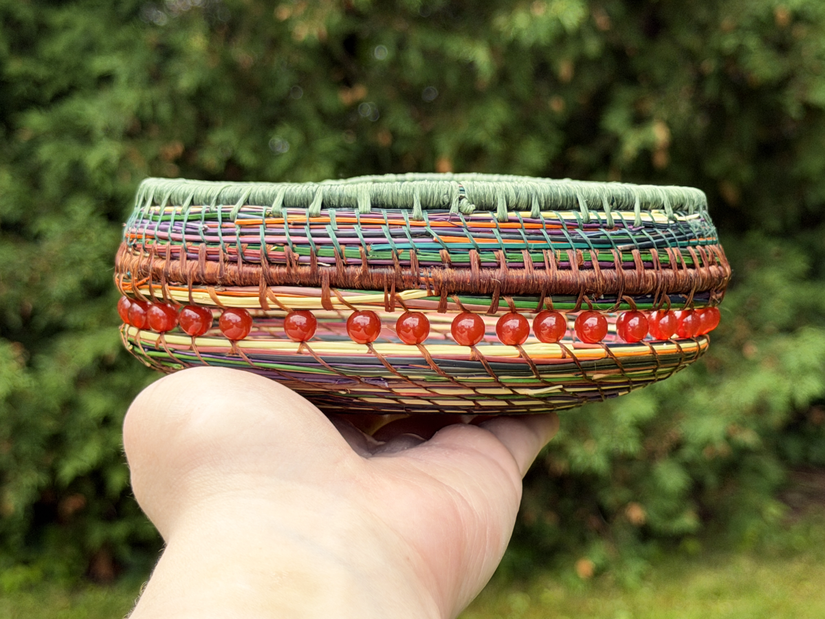 Green Rimmed Red Beaded Pine Needle Basket