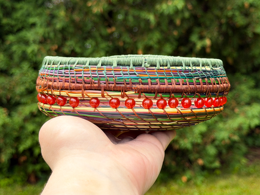 Green Rimmed Red Beaded Pine Needle Basket