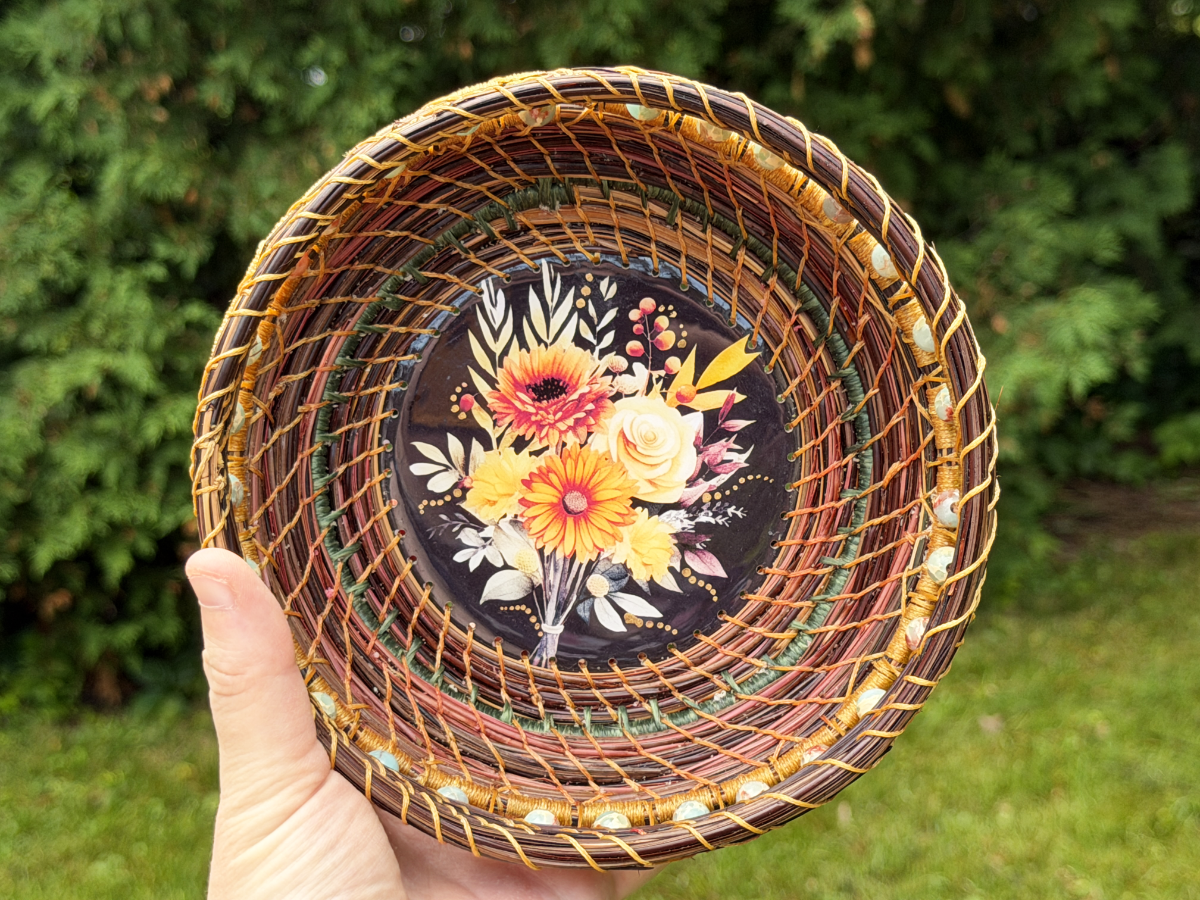 Floral Beaded Pine Needle Basket