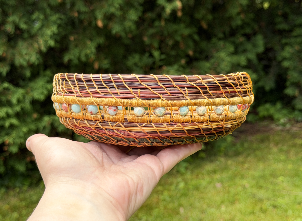 Floral Beaded Pine Needle Basket