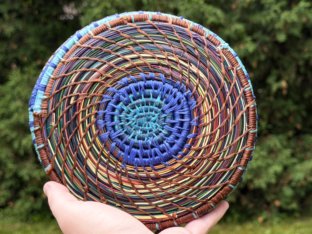 Banded Blue Beaded Pine Needle Basket