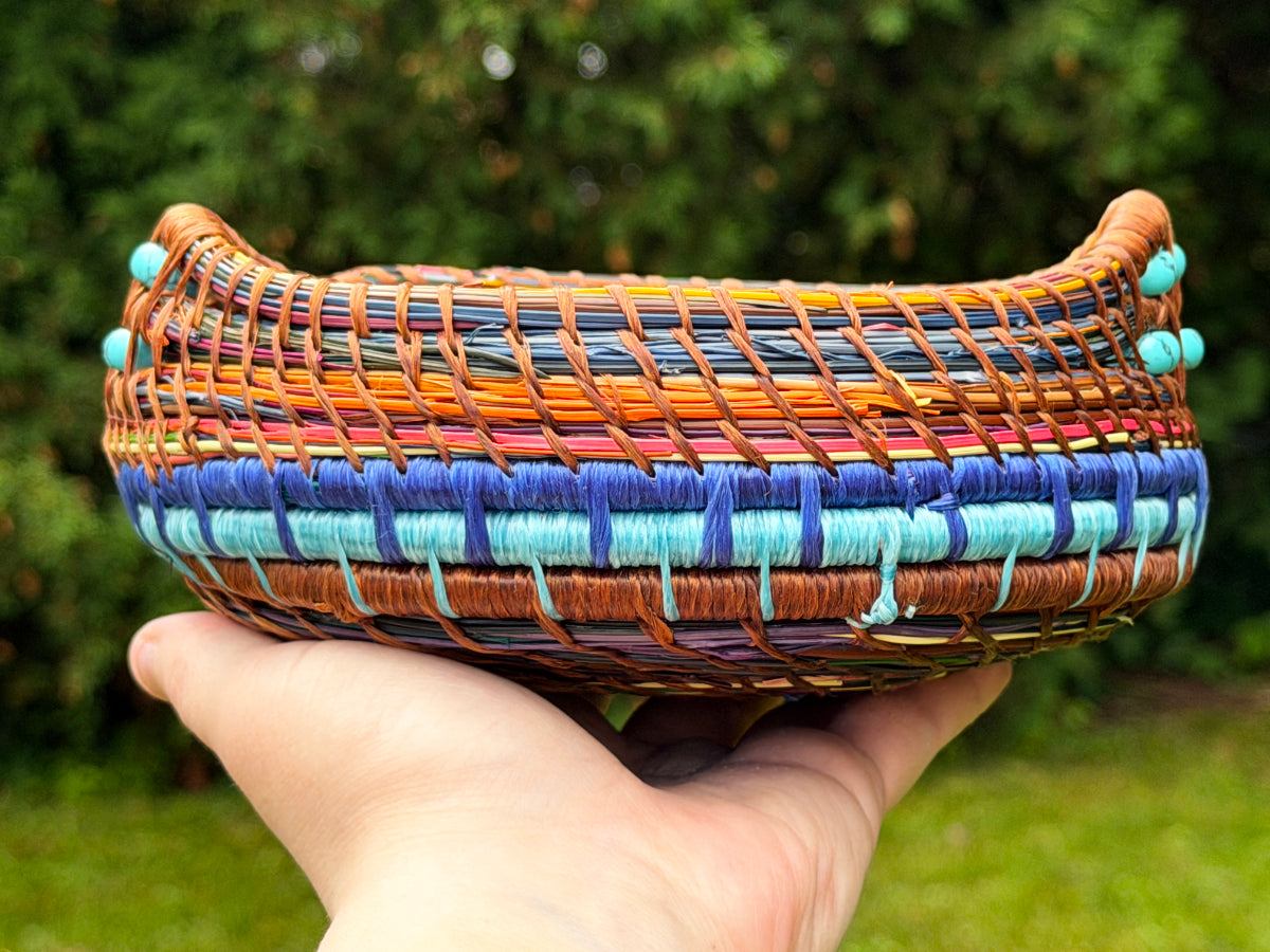 Banded Blue Beaded Pine Needle Basket