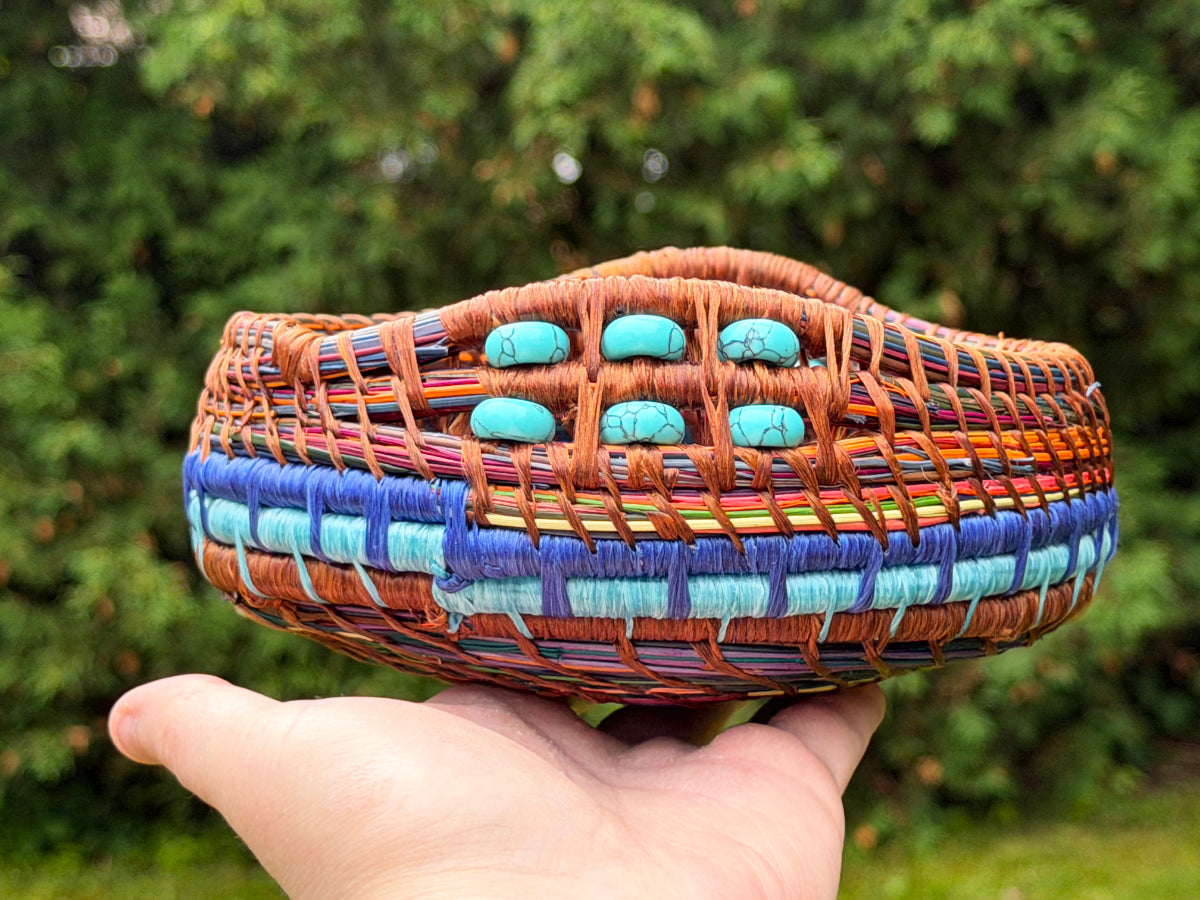 Banded Blue Beaded Pine Needle Basket