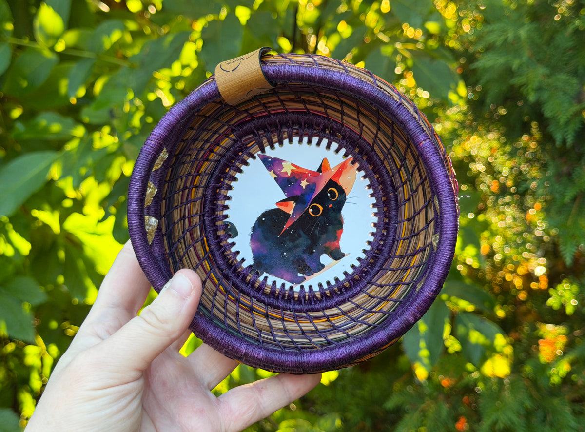 Witch Hat Cat Coiled Pine Needle Basket