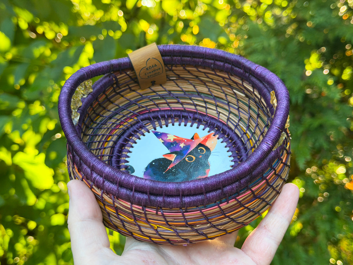 Witch Hat Cat Coiled Pine Needle Basket