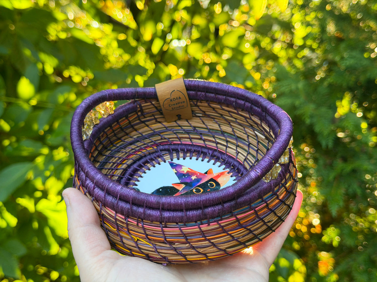 Witch Hat Cat Coiled Pine Needle Basket