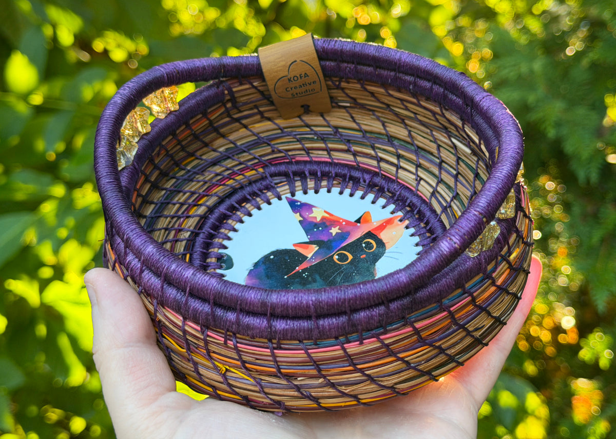 Witch Hat Cat Coiled Pine Needle Basket