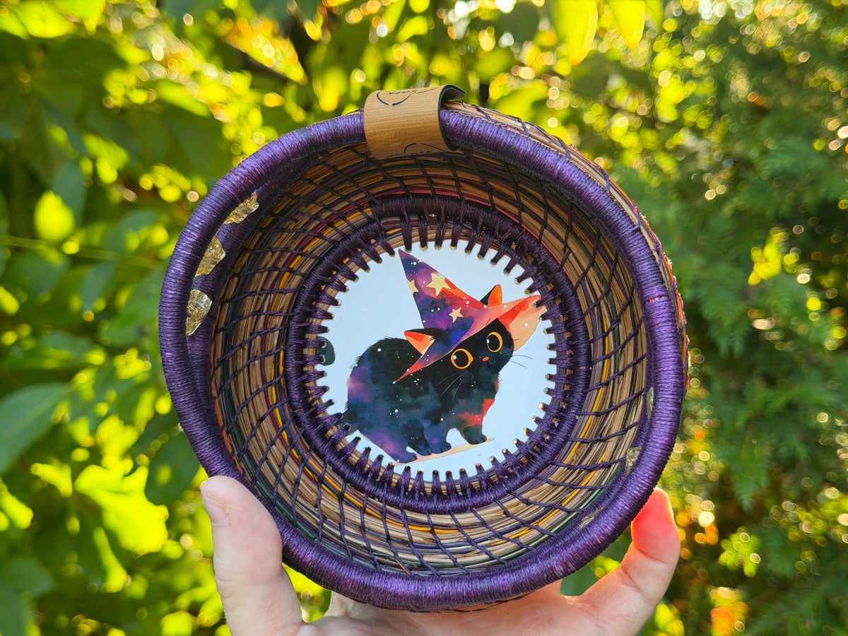 Witch Hat Cat Coiled Pine Needle Basket