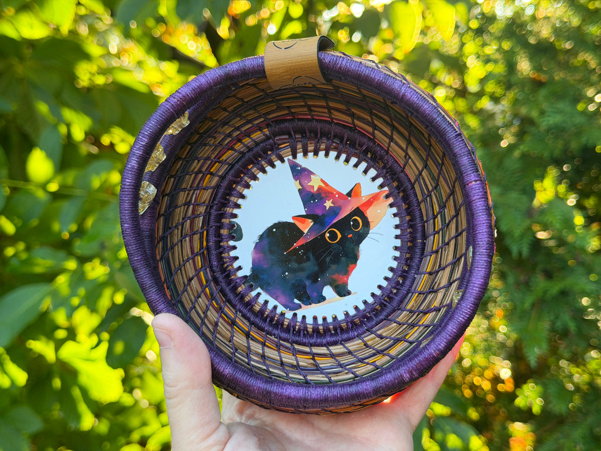 Witch Hat Cat Coiled Pine Needle Basket