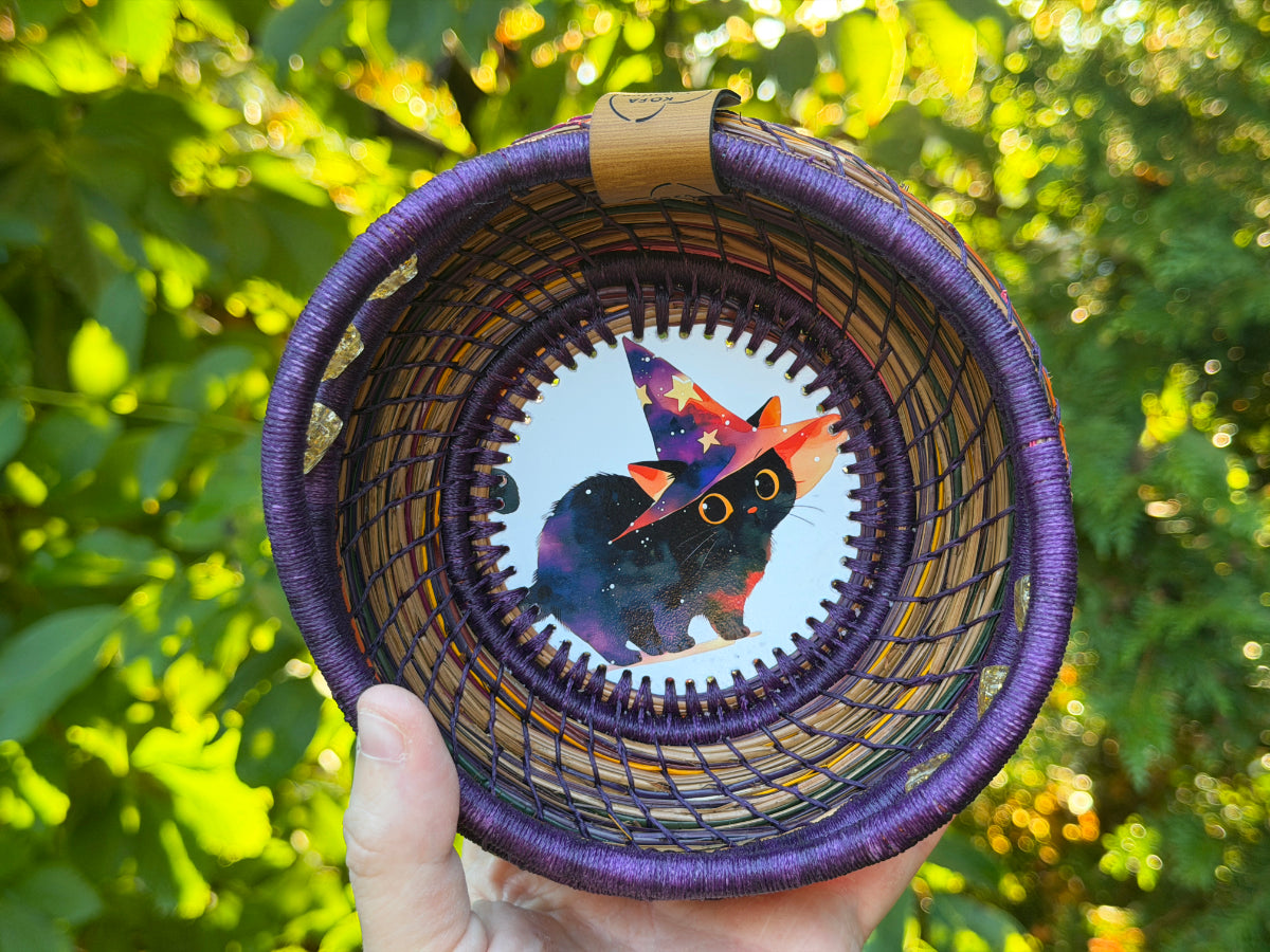 Witch Hat Cat Coiled Pine Needle Basket