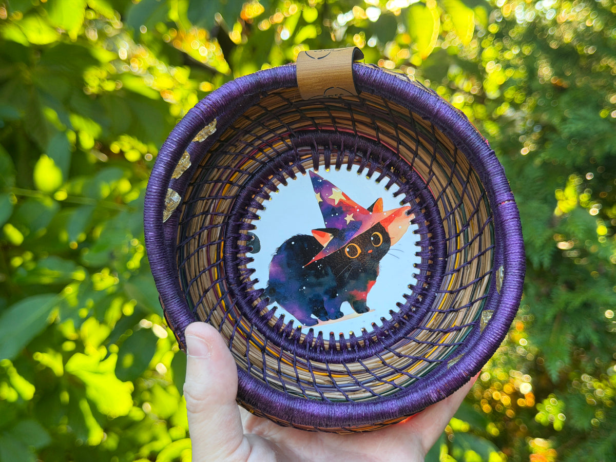 Witch Hat Cat Coiled Pine Needle Basket