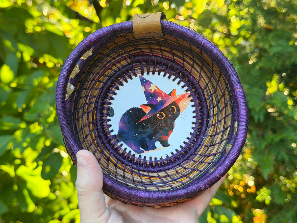 Witch Hat Cat Coiled Pine Needle Basket