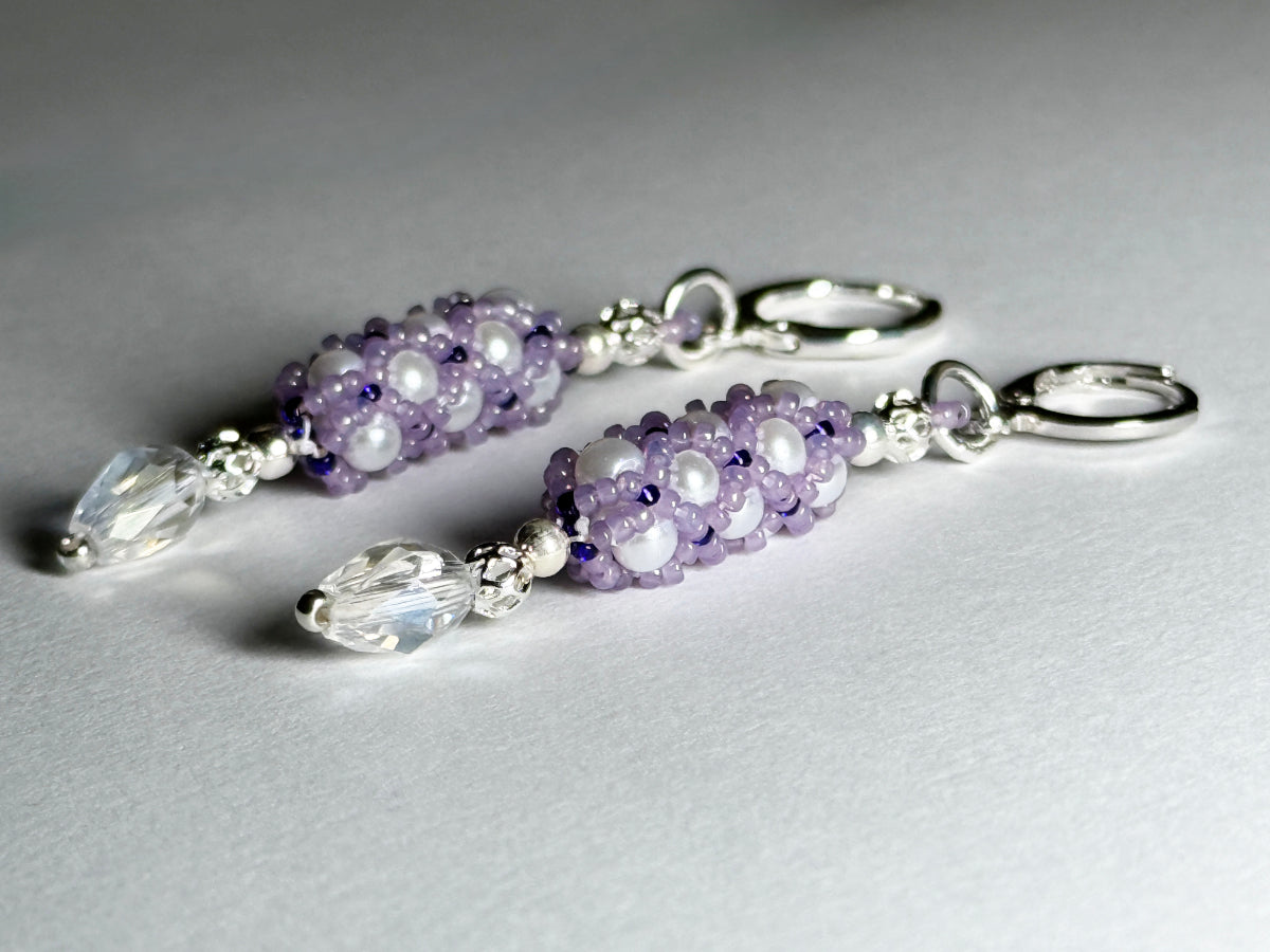 Purple and White Drop Style Leverback Earrings