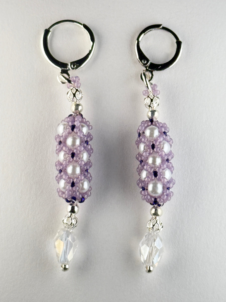 Purple and White Drop Style Leverback Earrings