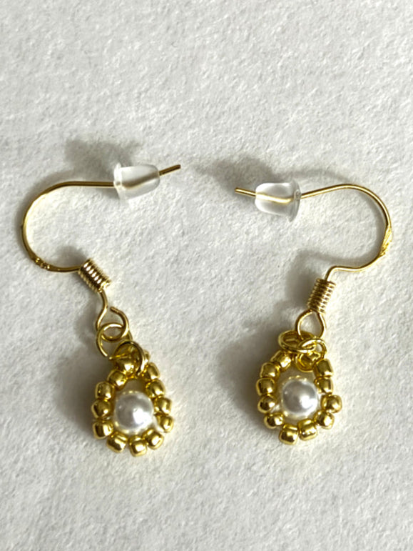 Gold Pearl Charm Fishhook Earrings
