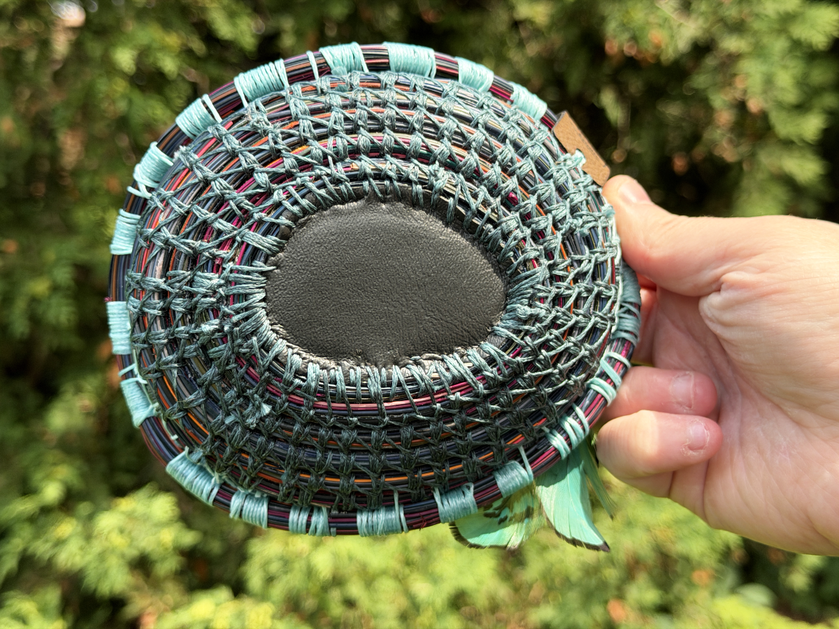 Flashy Feathered Labradorite Pine Needle Basket