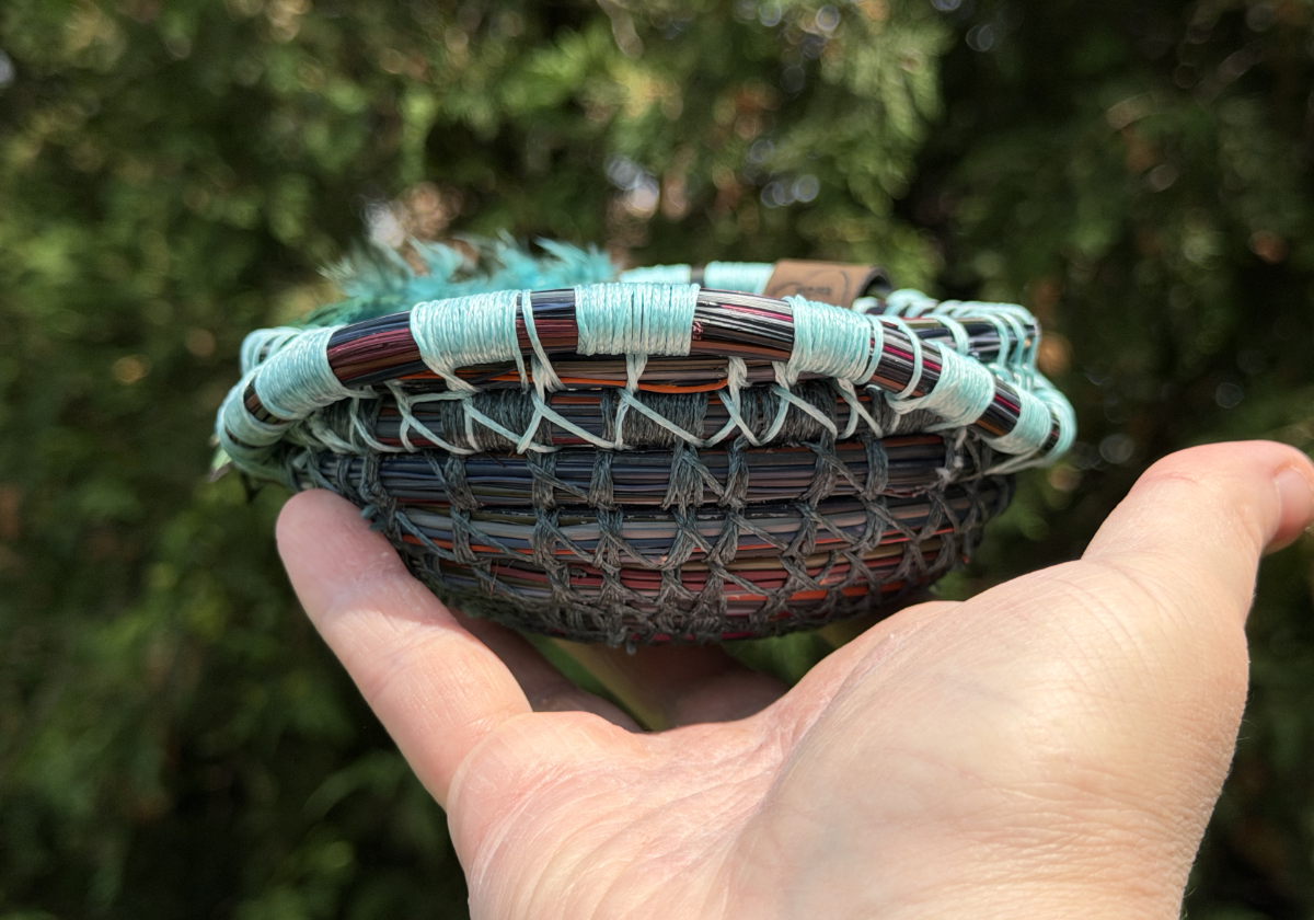 Flashy Feathered Labradorite Pine Needle Basket
