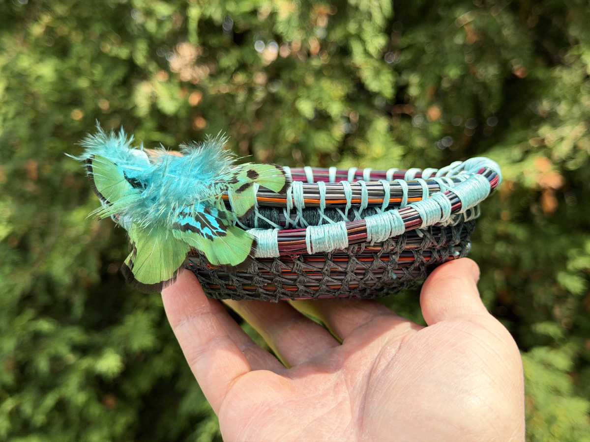 Flashy Feathered Labradorite Pine Needle Basket