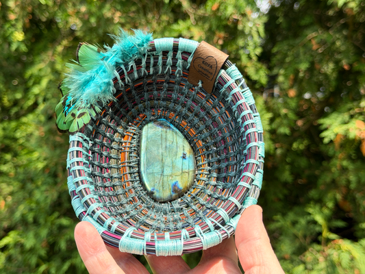 Flashy Feathered Labradorite Pine Needle Basket