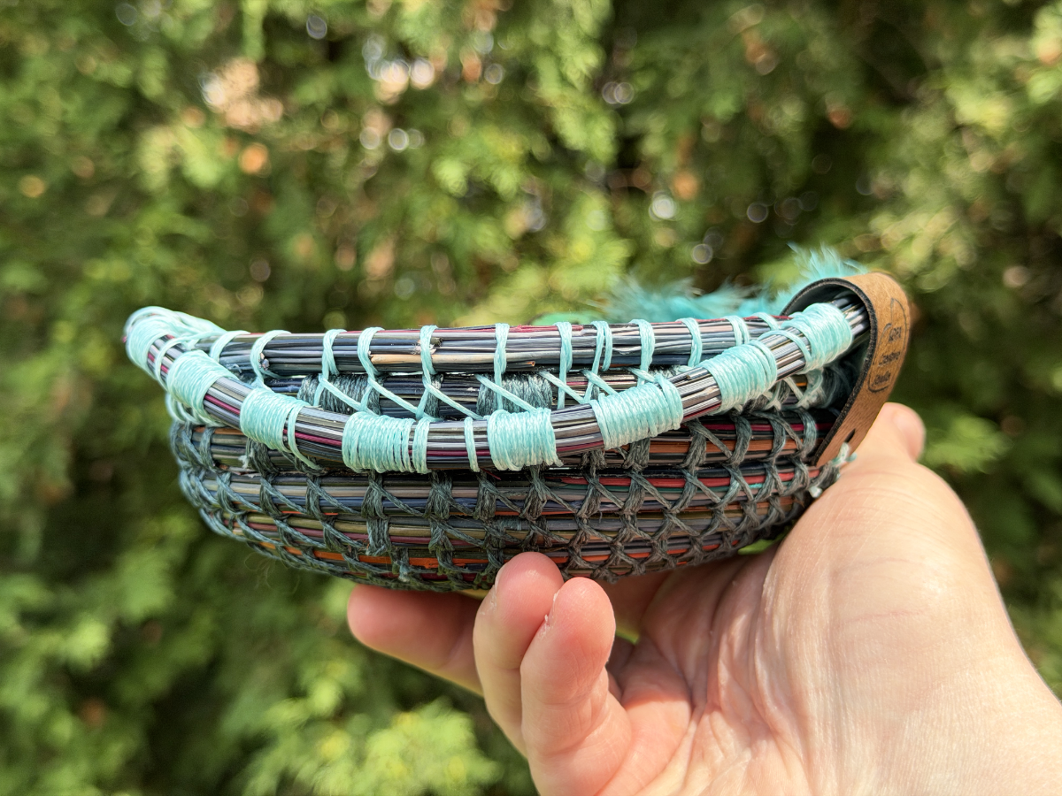 Flashy Feathered Labradorite Pine Needle Basket