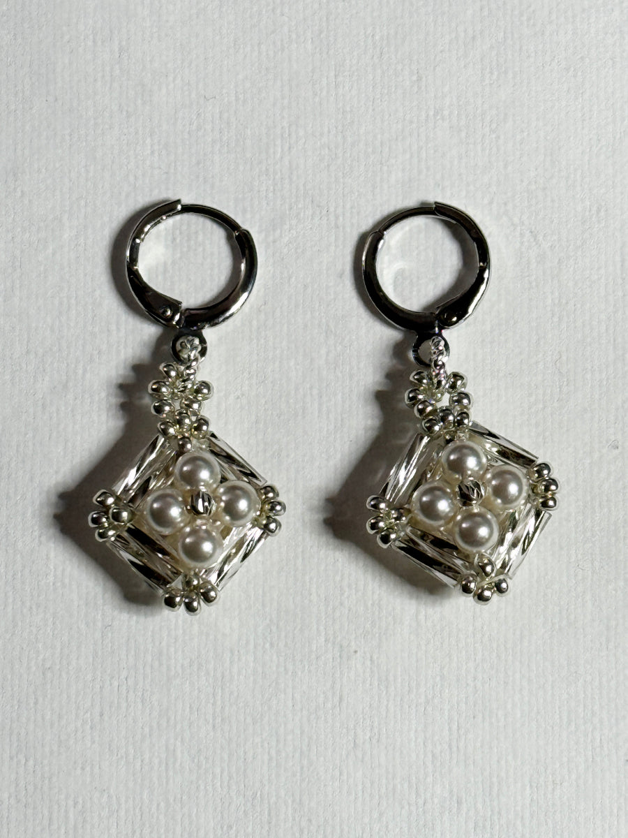 Silver and White Leverback Earring