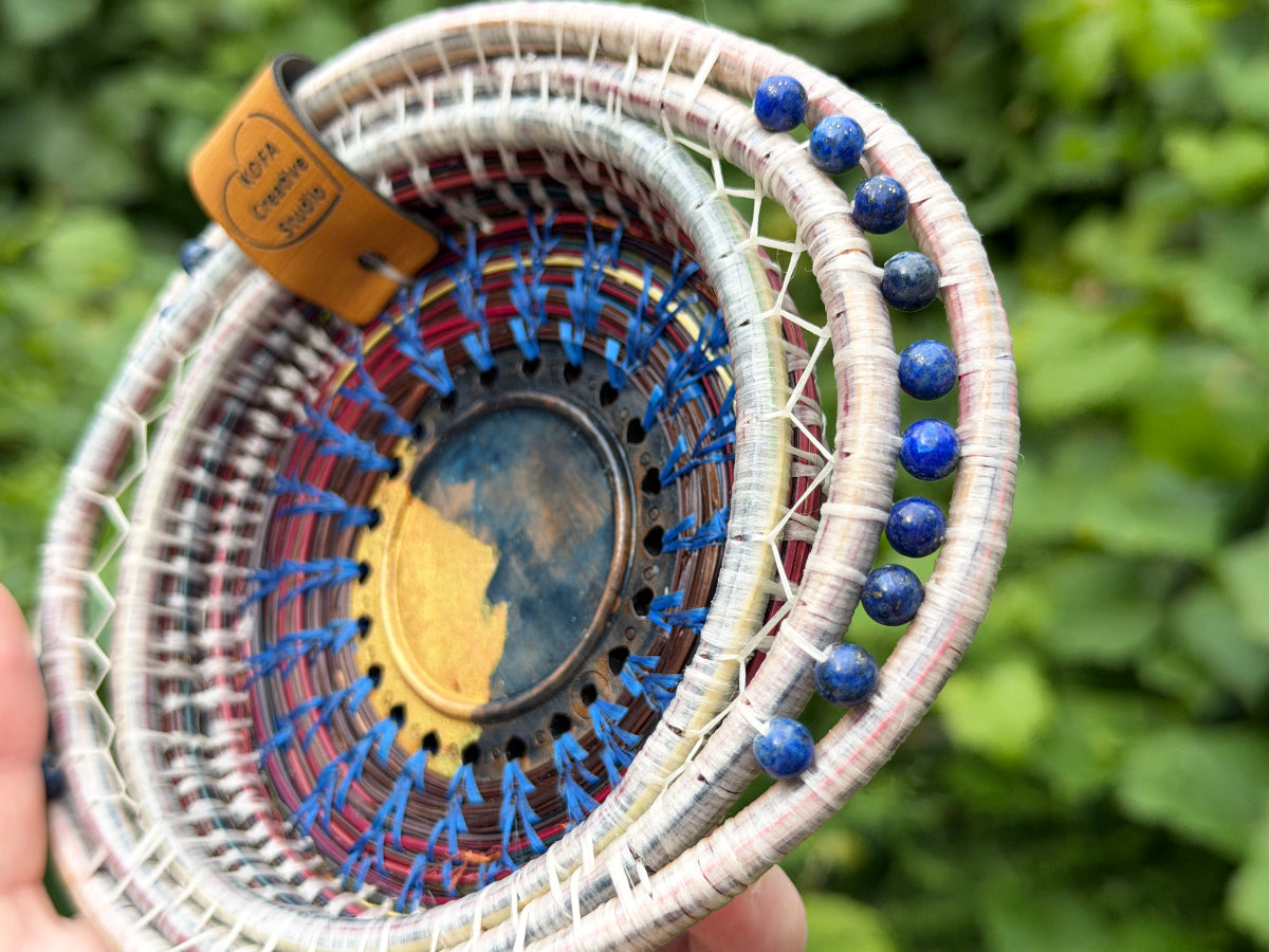Painted Gold and Indigo Center Pine Needle Basket
