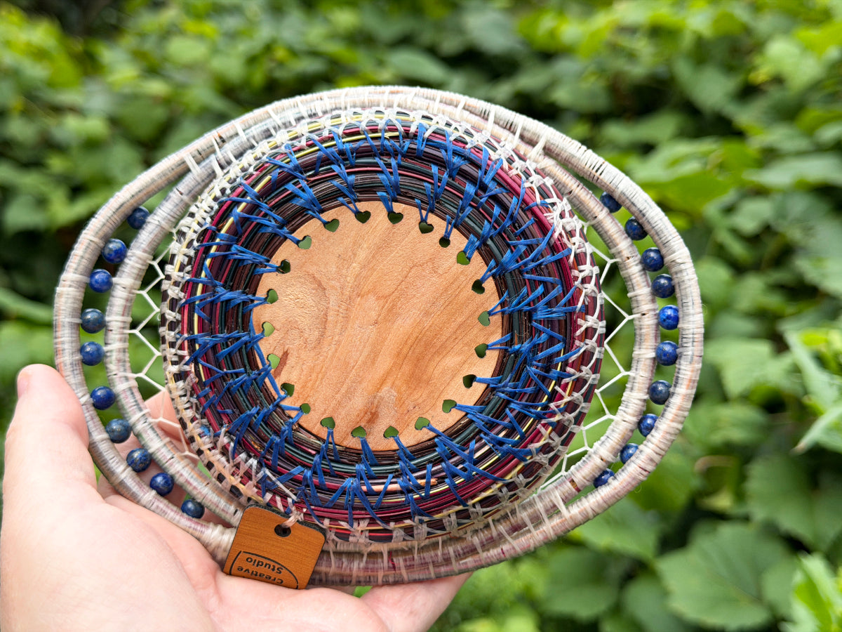Painted Gold and Indigo Center Pine Needle Basket