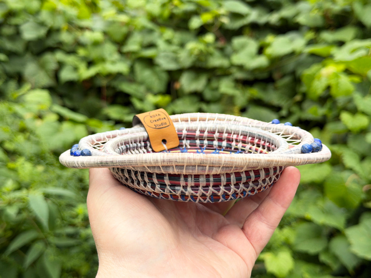 Painted Gold and Indigo Center Pine Needle Basket