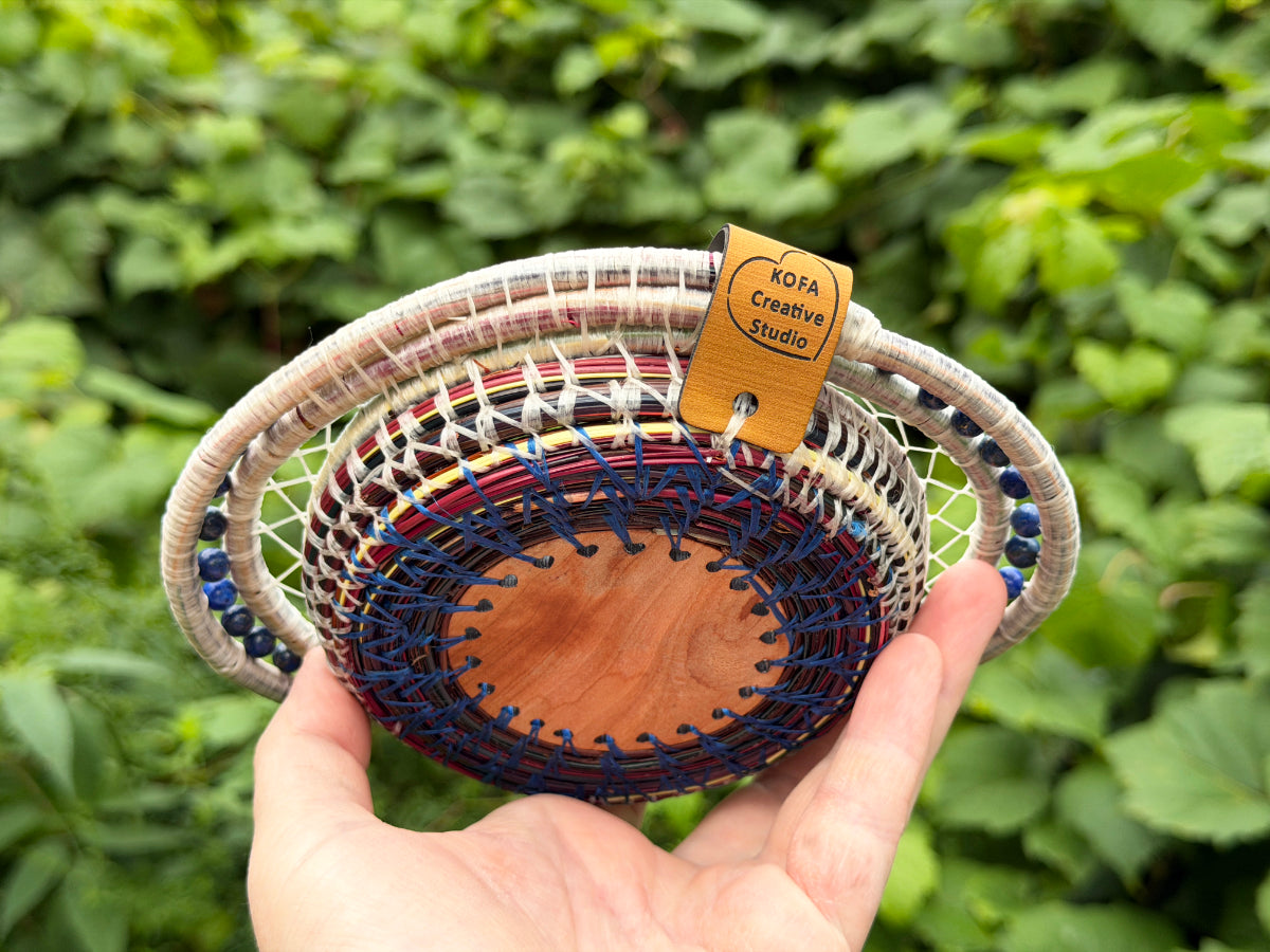 Painted Gold and Indigo Center Pine Needle Basket