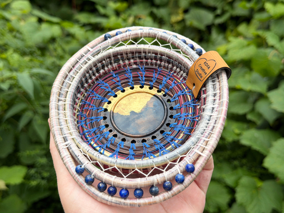 Painted Gold and Indigo Center Pine Needle Basket