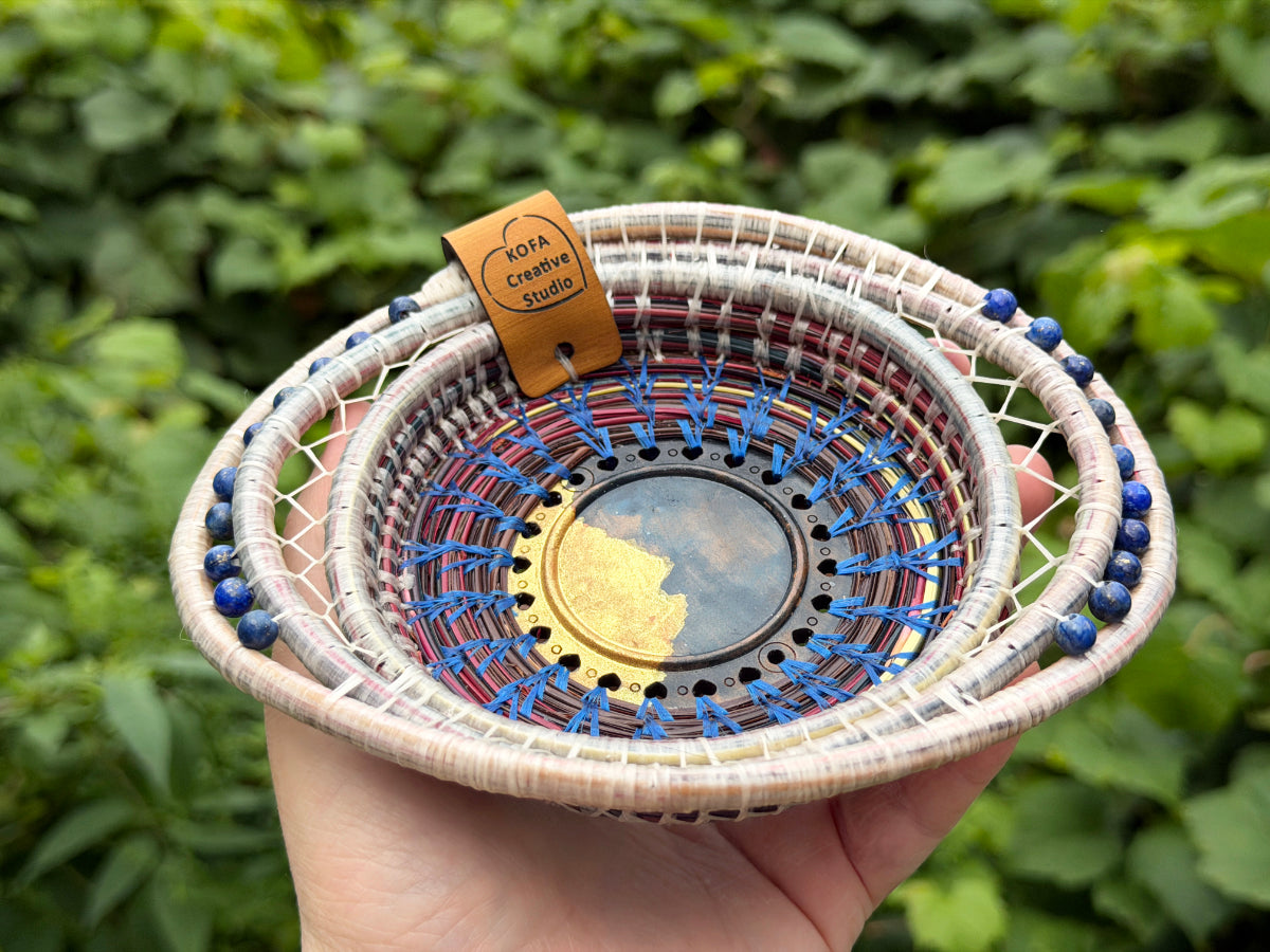 Painted Gold and Indigo Center Pine Needle Basket