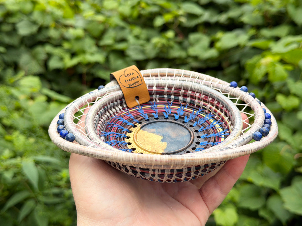 Painted Gold and Indigo Center Pine Needle Basket