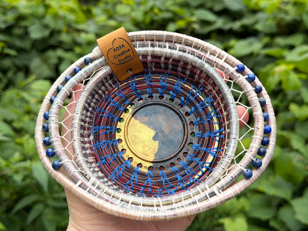 Painted Gold and Indigo Center Pine Needle Basket